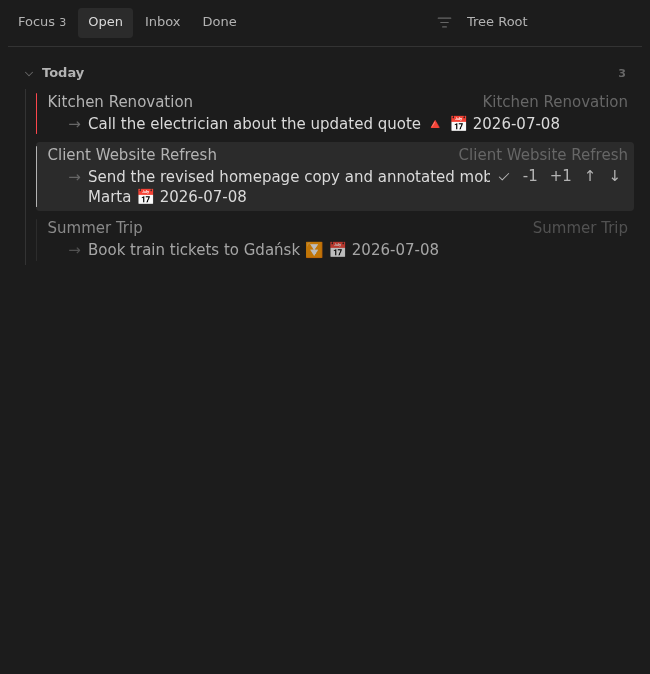A Tasks Eye row with controls for completing a task or moving its date