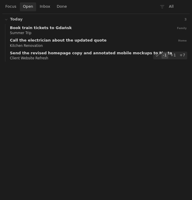 A Tasks Eye row with controls for completing a task or moving its date