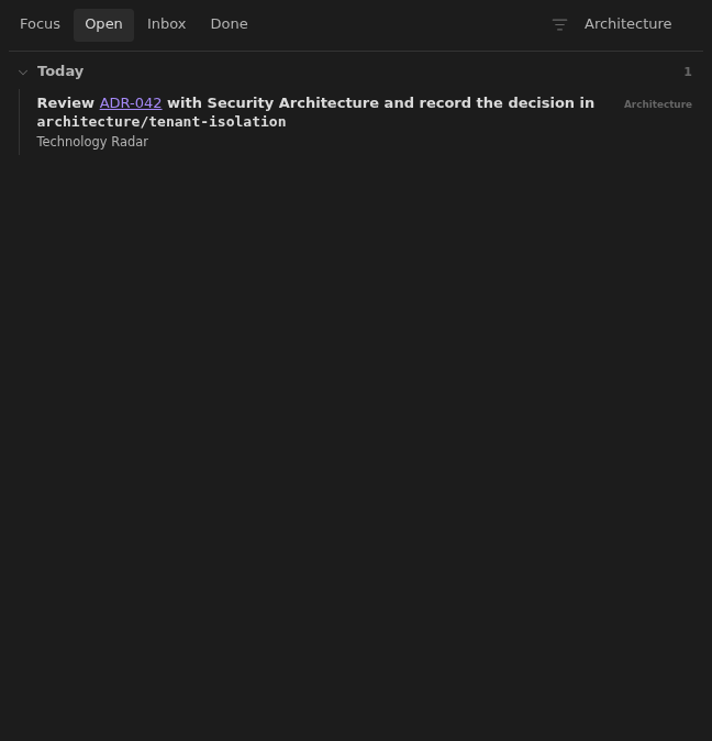 Architecture task in Open with an internal link, bold emphasis, and inline code in Dark
