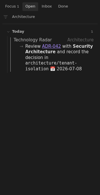 Architecture task in Open with an internal link, bold emphasis, and inline code