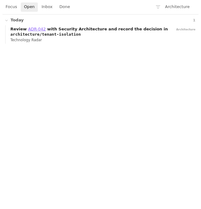 Architecture task in Open with an internal link, bold emphasis, and inline code in Light