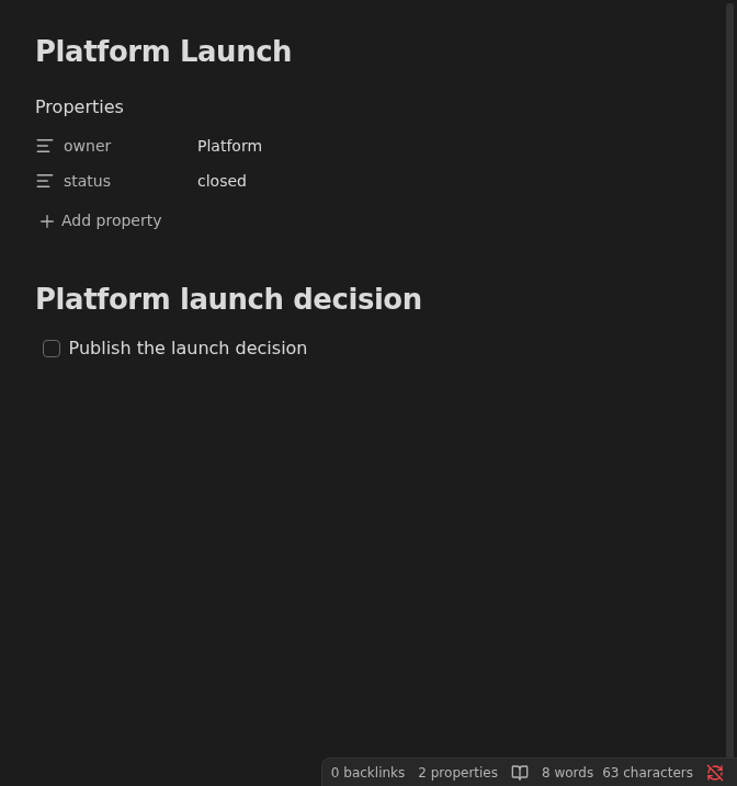 Obsidian note showing a project whose status property is closed after stepping forward from open in Dark