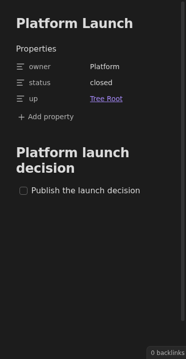 Obsidian note showing a project whose status property is closed after stepping forward from open