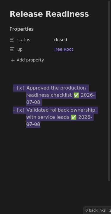 Release readiness note with completed engineering checks selected for reopening