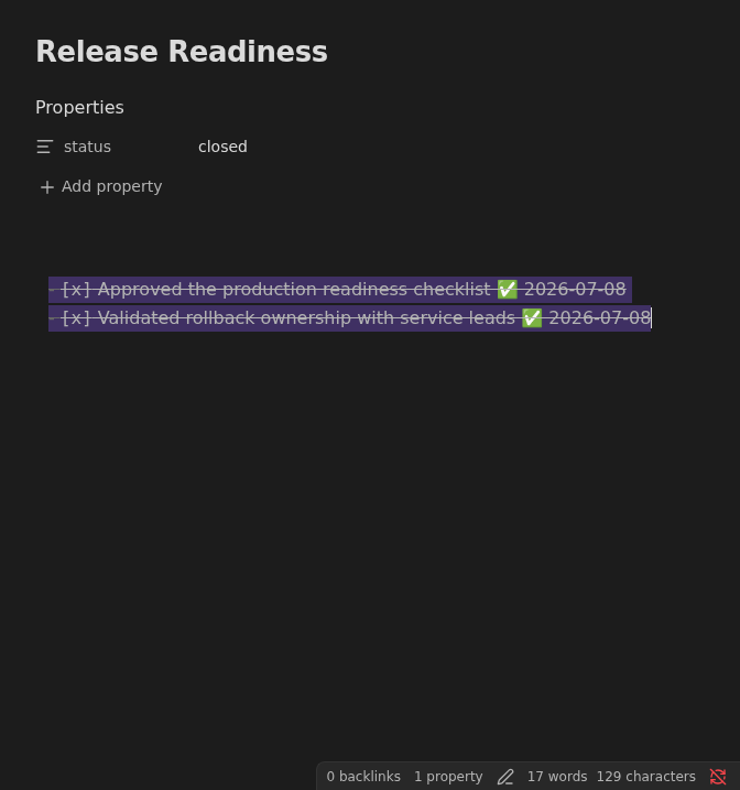 Release readiness note with completed engineering checks selected for reopening in Dark Minimal
