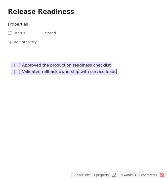 Release readiness note with engineering checks reopened as unchecked in Light