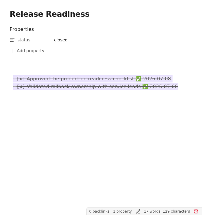 Release readiness note with completed engineering checks selected for reopening in Light