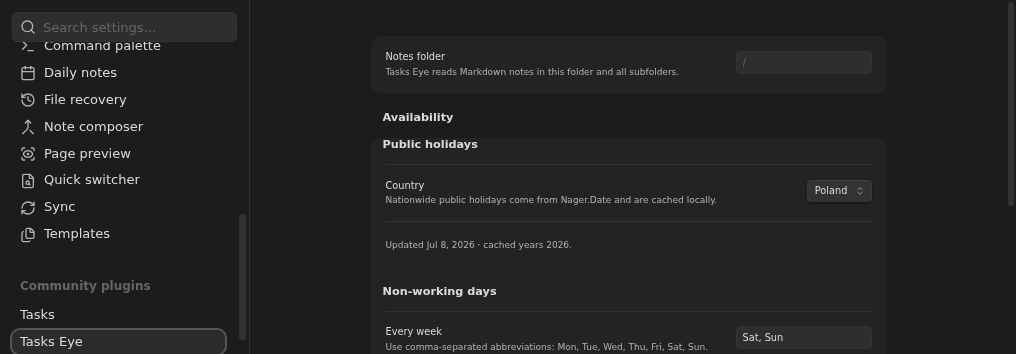 Tasks Eye Availability settings with a public-holiday country, non-working weekdays, and personal time off in Dark