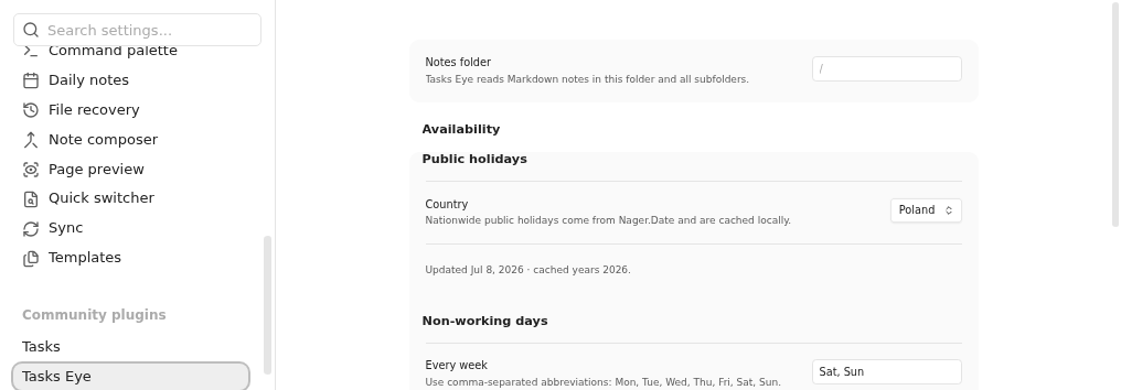 Tasks Eye Availability settings with a public-holiday country, non-working weekdays, and personal time off in Light