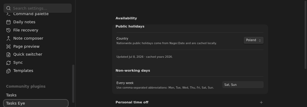 Tasks Eye Availability settings with a public-holiday country, non-working weekdays, and personal time off