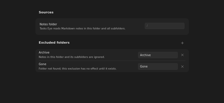 Sources settings section with the notes folder and an excluded Archive folder