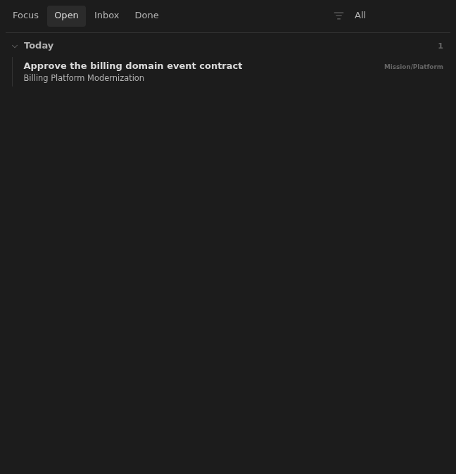 Open board row rendered from a billing platform modernization note in Dark Minimal