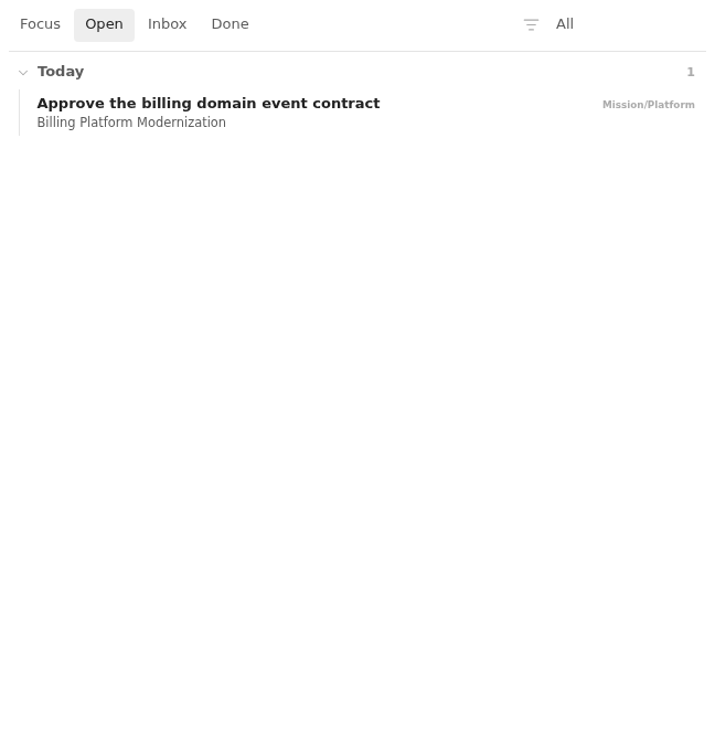 Open board row rendered from a billing platform modernization note in Light