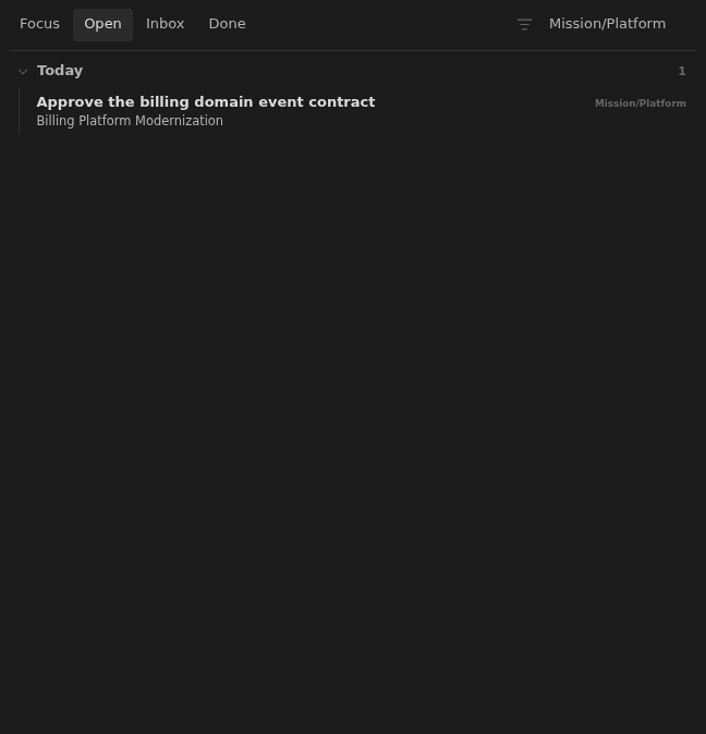 Open board filtered to the Mission/Platform context in Dark