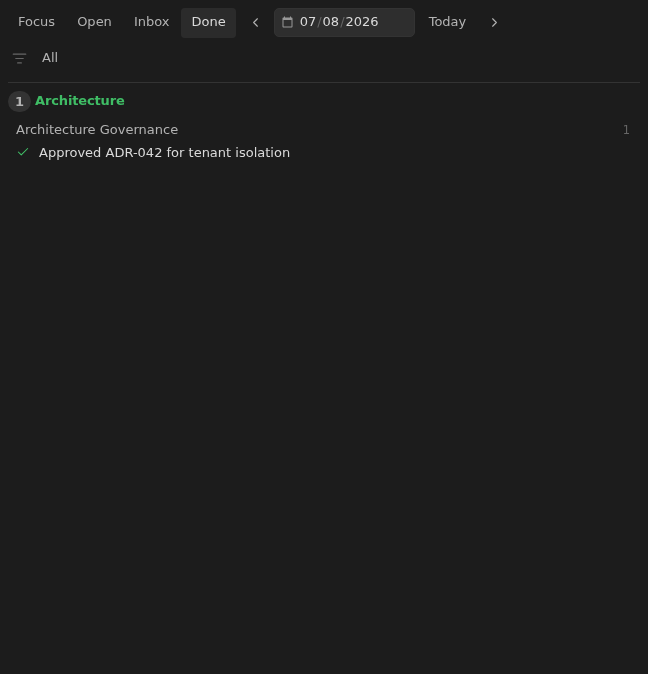 Tasks Eye Done view showing completed architecture decisions grouped by context and note in Dark