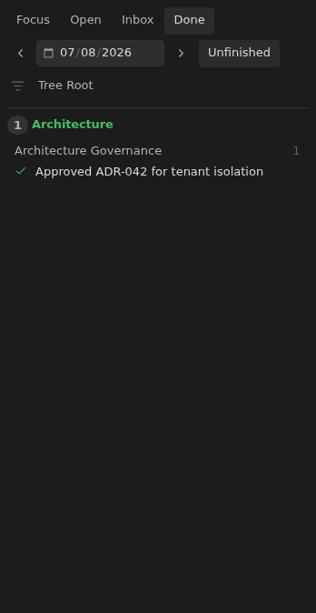 Tasks Eye Done view showing completed architecture decisions grouped by context and note
