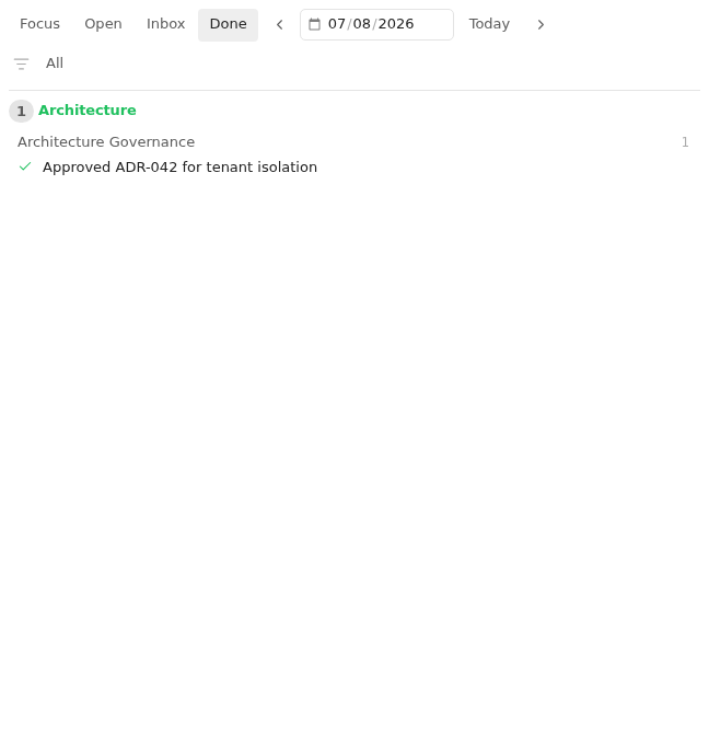 Tasks Eye Done view showing completed architecture decisions grouped by context and note in Light