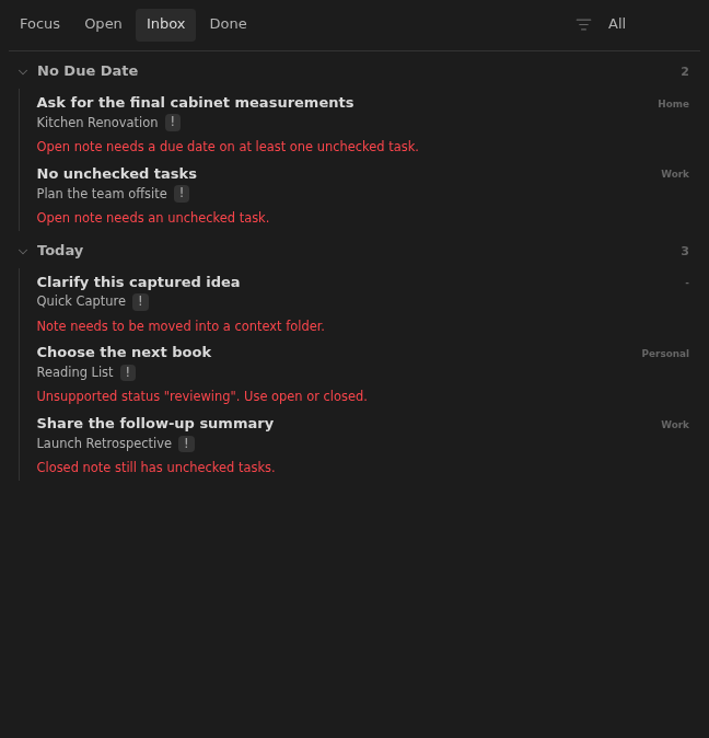 Tasks Eye Inbox showing several realistic notes with missing metadata