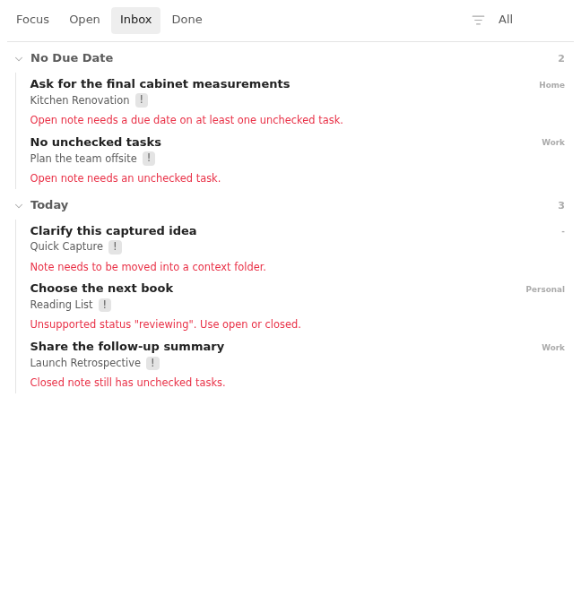 Inbox board grouping realistic workflow issues into expanded due-date buckets in Light