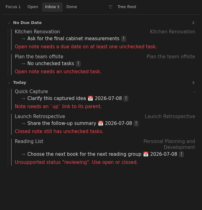 Tasks Eye Inbox showing several realistic notes with missing metadata
