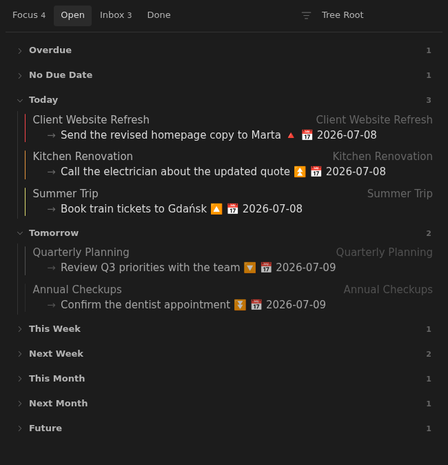 Mature Open board with realistic notes across several expanded due-date sections