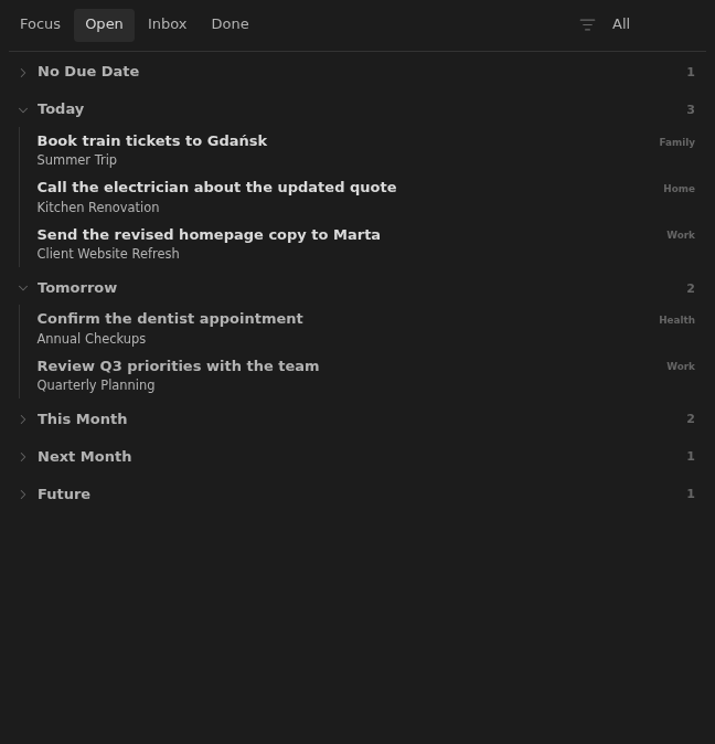 Mature Open board with realistic notes across several expanded due-date sections in Dark