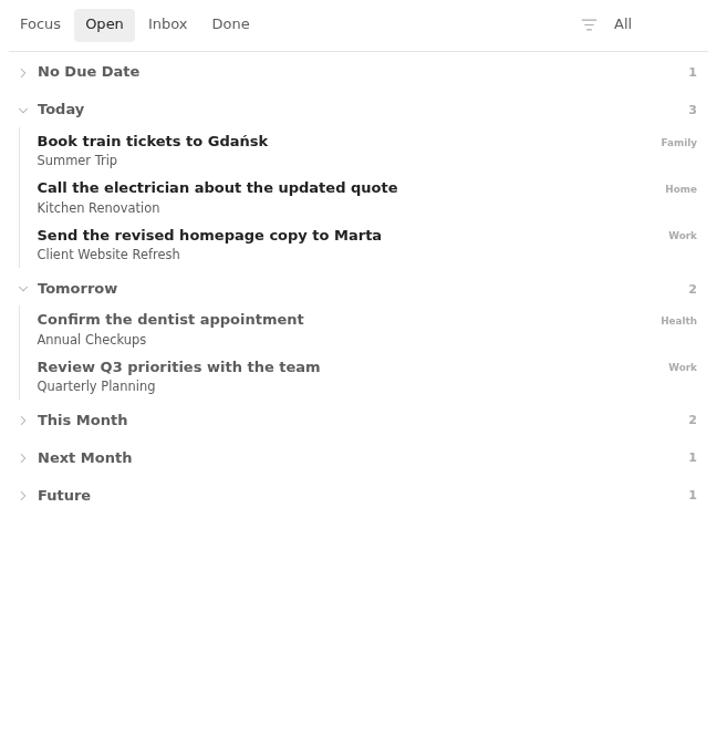Mature Open board with realistic notes across several expanded due-date sections in Light