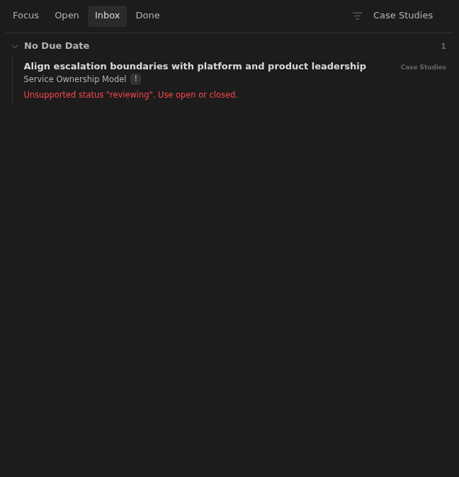Inbox row showing a service ownership proposal with an unsupported reviewing status in Dark