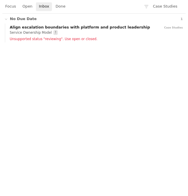Inbox row showing a service ownership proposal with an unsupported reviewing status in Light