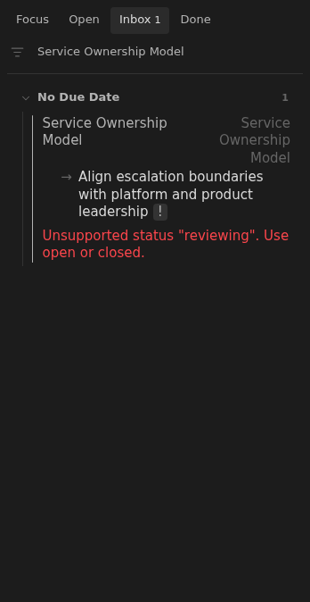 Inbox row showing a service ownership proposal with an unsupported reviewing status