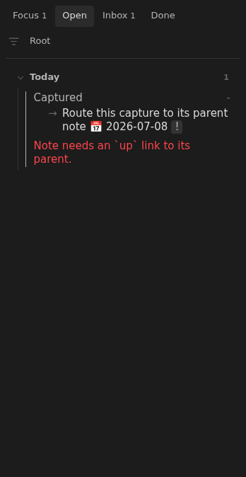 Open row showing a captured note that still needs an up link