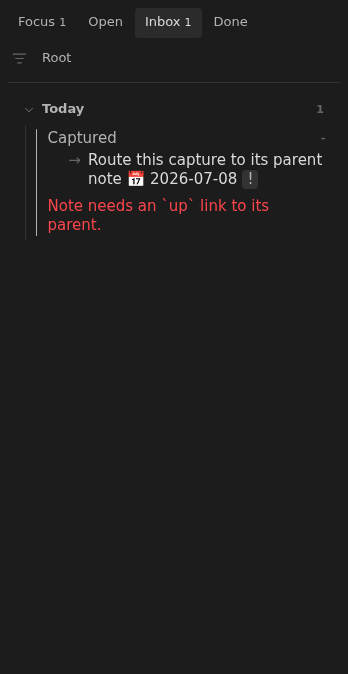 Inbox row explaining that a captured note needs an up link to its parent