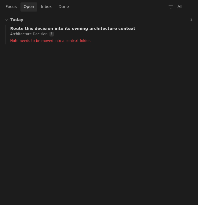 Open row showing an architecture decision from the notes folder root in Dark