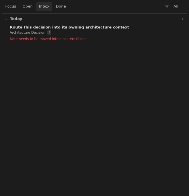 Inbox row showing an architecture decision left in the notes folder root in Dark