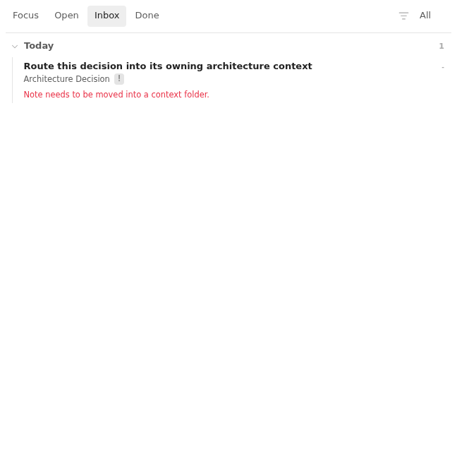 Inbox row showing an architecture decision left in the notes folder root in Light