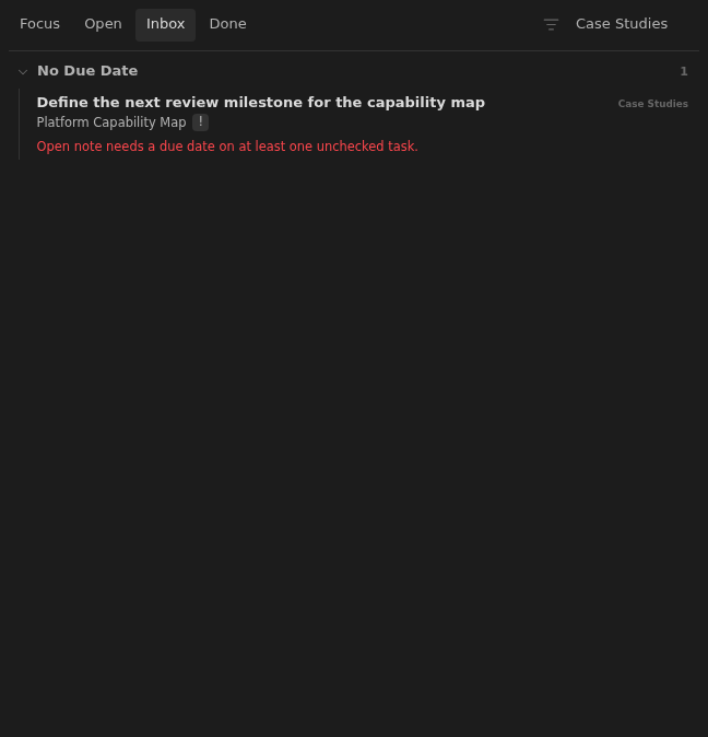 Inbox row showing an architecture capability-map action without a due date in Dark