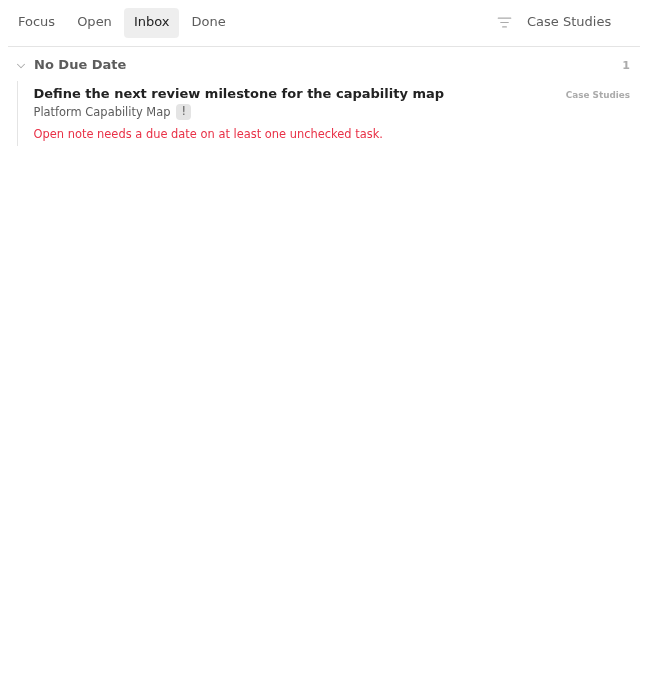 Inbox row showing an architecture capability-map action without a due date in Light