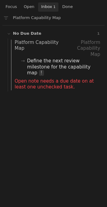 Inbox row showing an architecture capability-map action without a due date