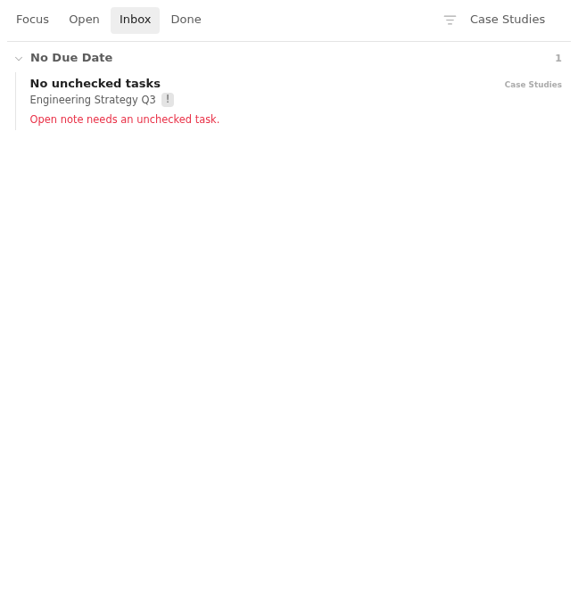 Inbox row showing an engineering strategy note without an unchecked next action in Light