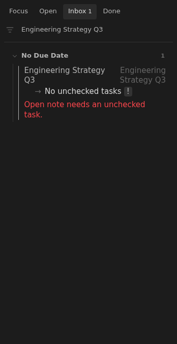 Inbox row showing an engineering strategy note without an unchecked next action