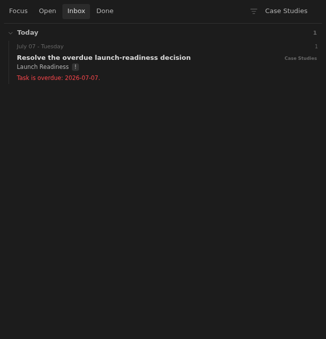 Inbox row showing an overdue launch-readiness task in Dark Minimal