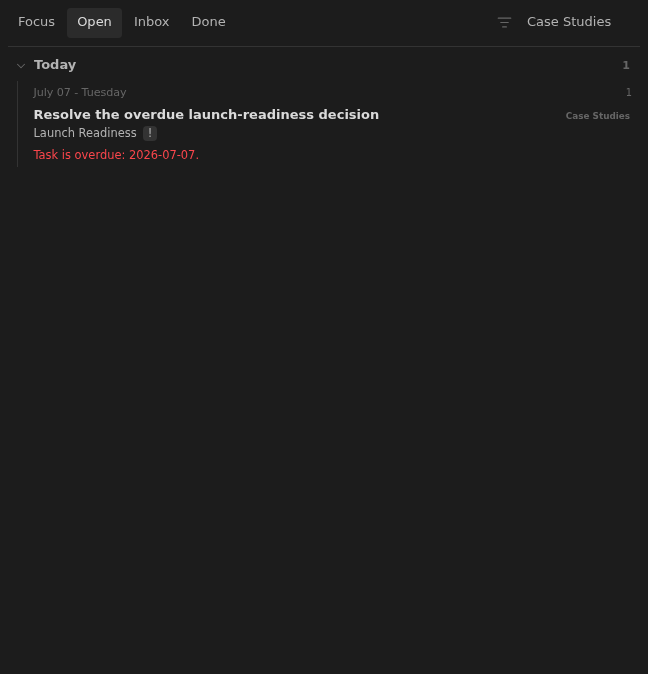 Open row showing the shared overdue validation warning in Dark