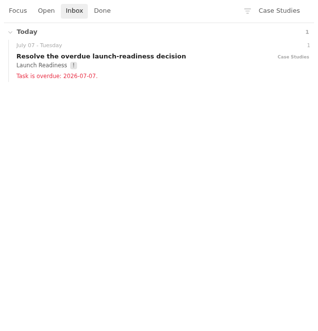 Inbox row showing an overdue launch-readiness task in Light