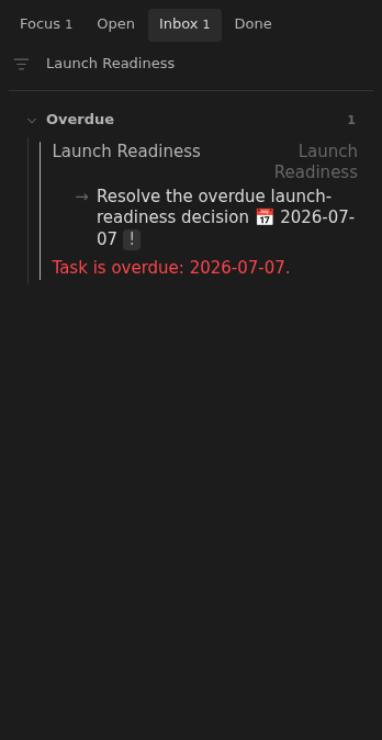 Inbox row showing an overdue launch-readiness task