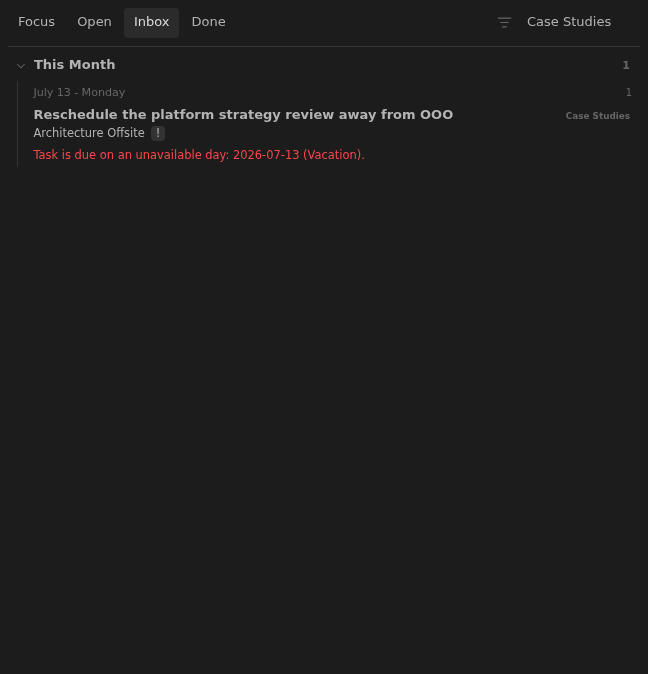 Inbox row showing a platform strategy review scheduled during OOO in Dark Minimal