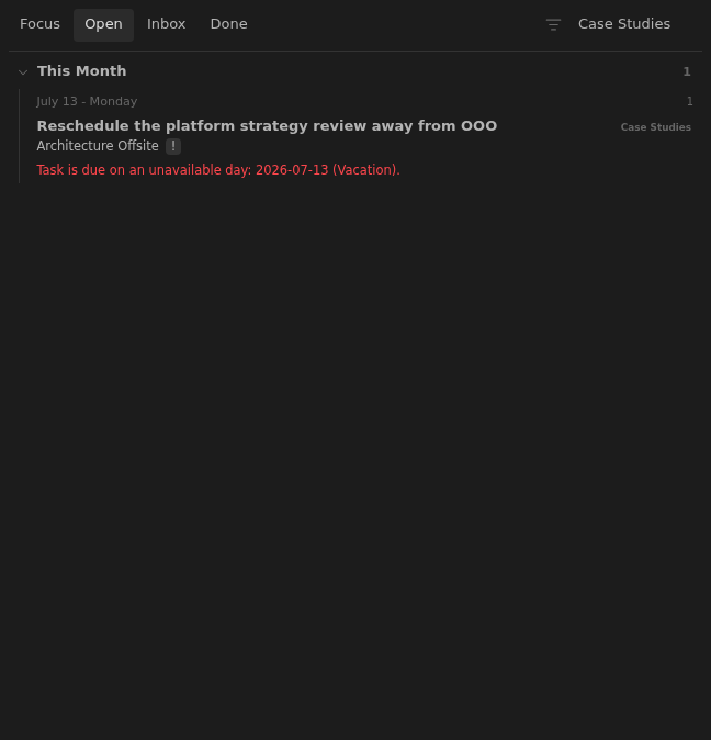 Open row showing an architecture offsite review scheduled during OOO in Dark