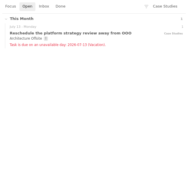 Open row showing an architecture offsite review scheduled during OOO in Light