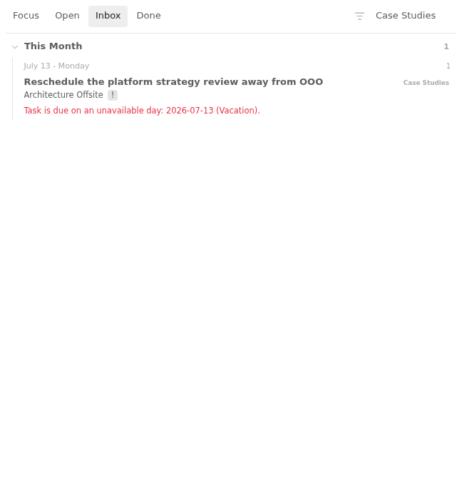 Inbox row showing a platform strategy review scheduled during OOO in Light