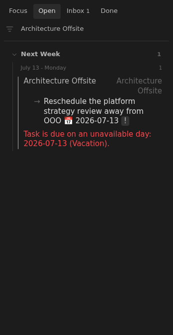 Open row showing an architecture offsite review scheduled during OOO